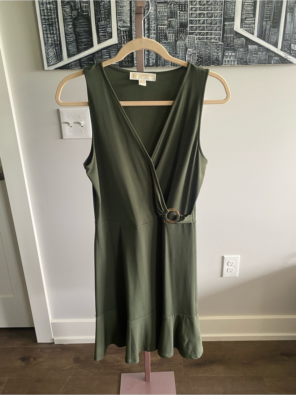 Michael Kors Sleeveless V Neck Olive Green Wrap Dress with Ring Detail Small